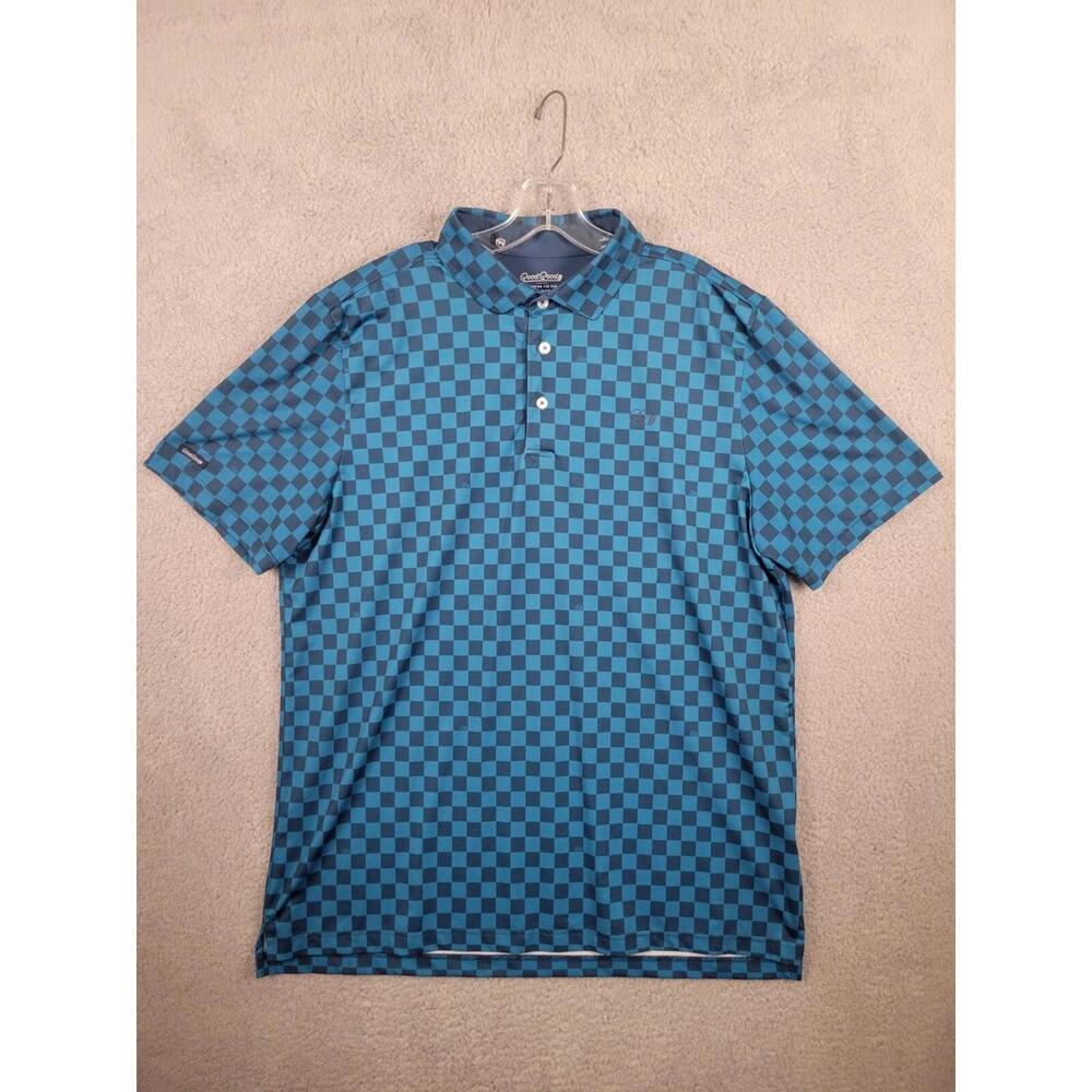 Good Good Polo Shirt Mens Large Check Print Barber Golf Performance Blue Black